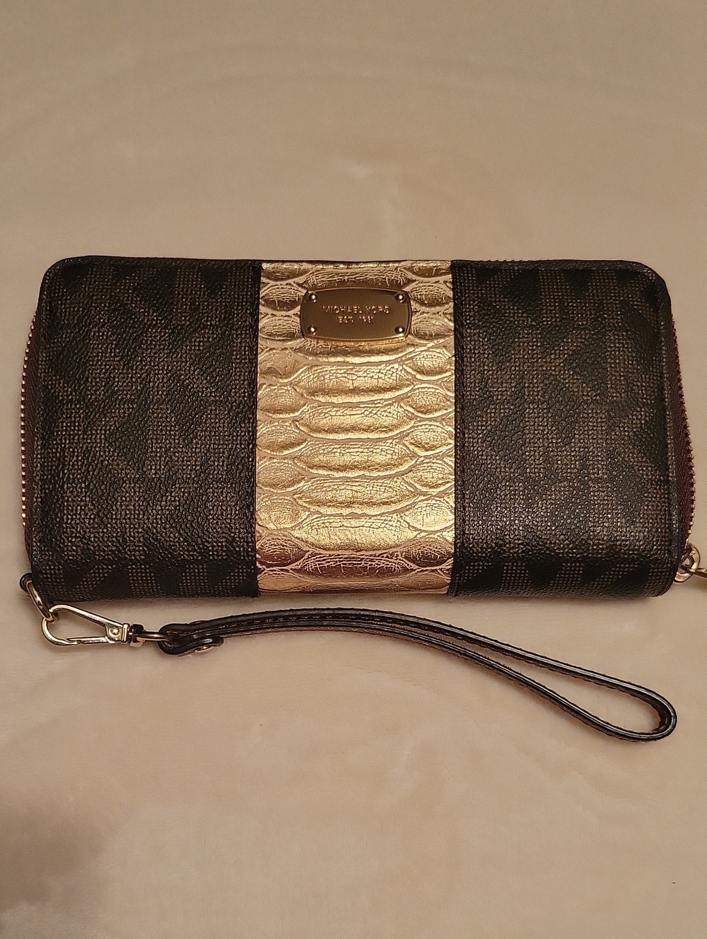 Michael Kors Black Wristlet with Gold Croc Accent
